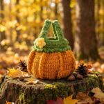 Crochet Pumpkin Bag with Flower Handle, Handmade Autumn Tote