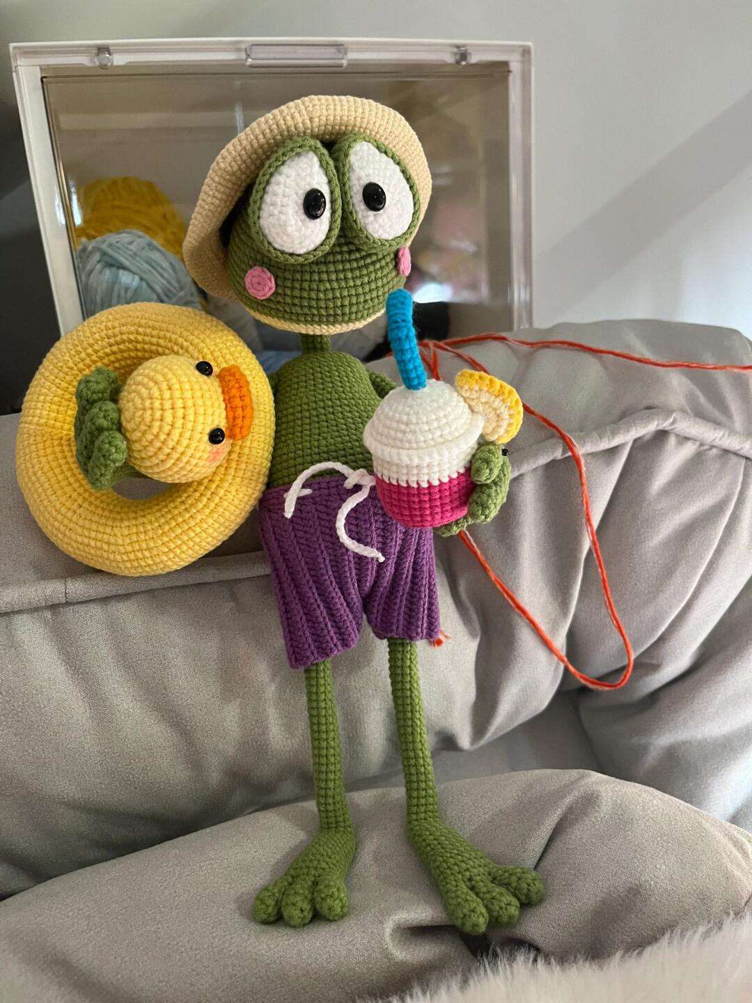 frog_06 Handmade Crochet Beach Frog Doll with Duck Float and Drink - Image 1