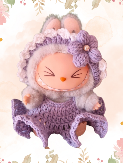 Handmade Purple Bunny Crochet Outfit for Labubu with Pearl Flower