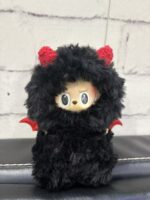 Handmade Fuzzy Black Devil Outfit for Labubu with Red Horns and Wings