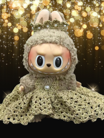 Handmade Labubu Gold Formal Gown with Pearl Crown