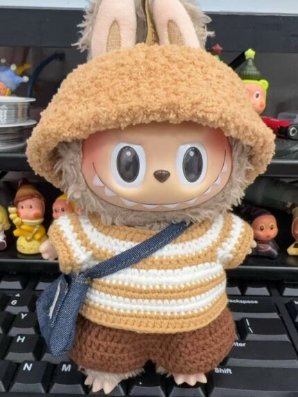 Handmade Crochet Labubu Striped Sweater Outfit with Fuzzy Hood